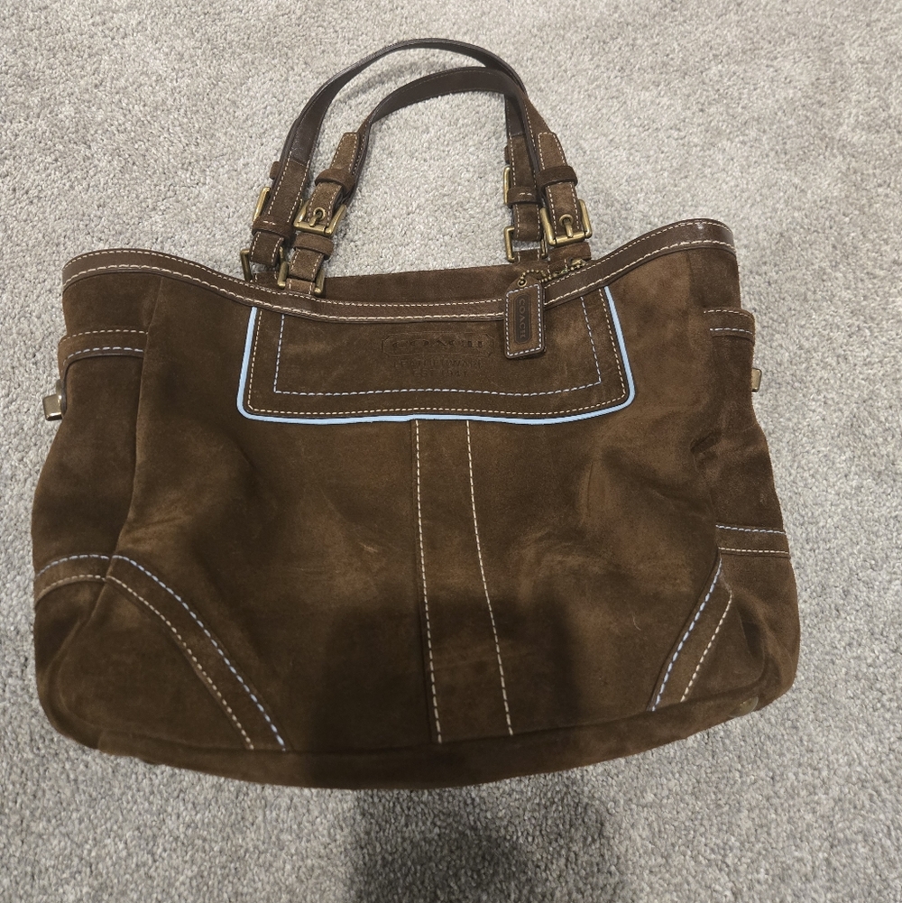 Coach Brown Suede Tote Bag With Blue Stitching